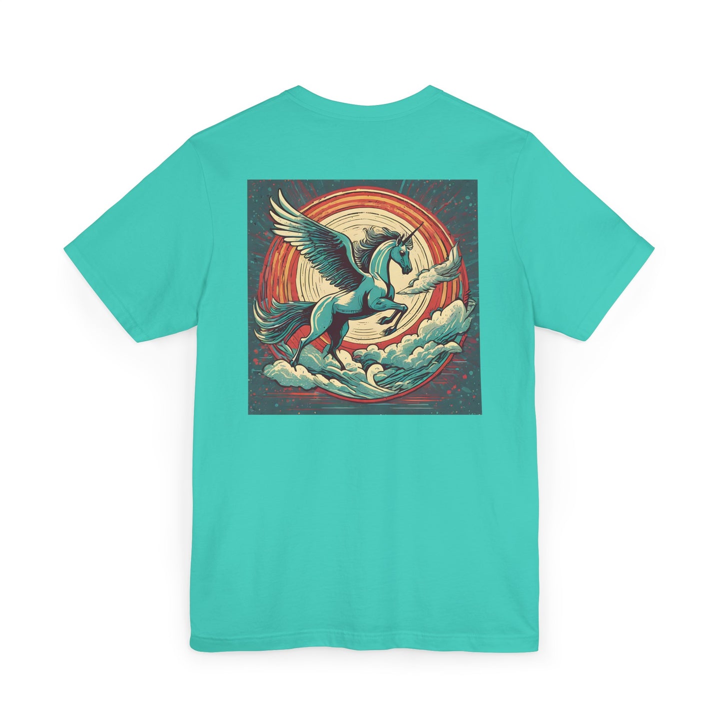 mythical pegasus t-shirt reflects back design on teal color  shirt 