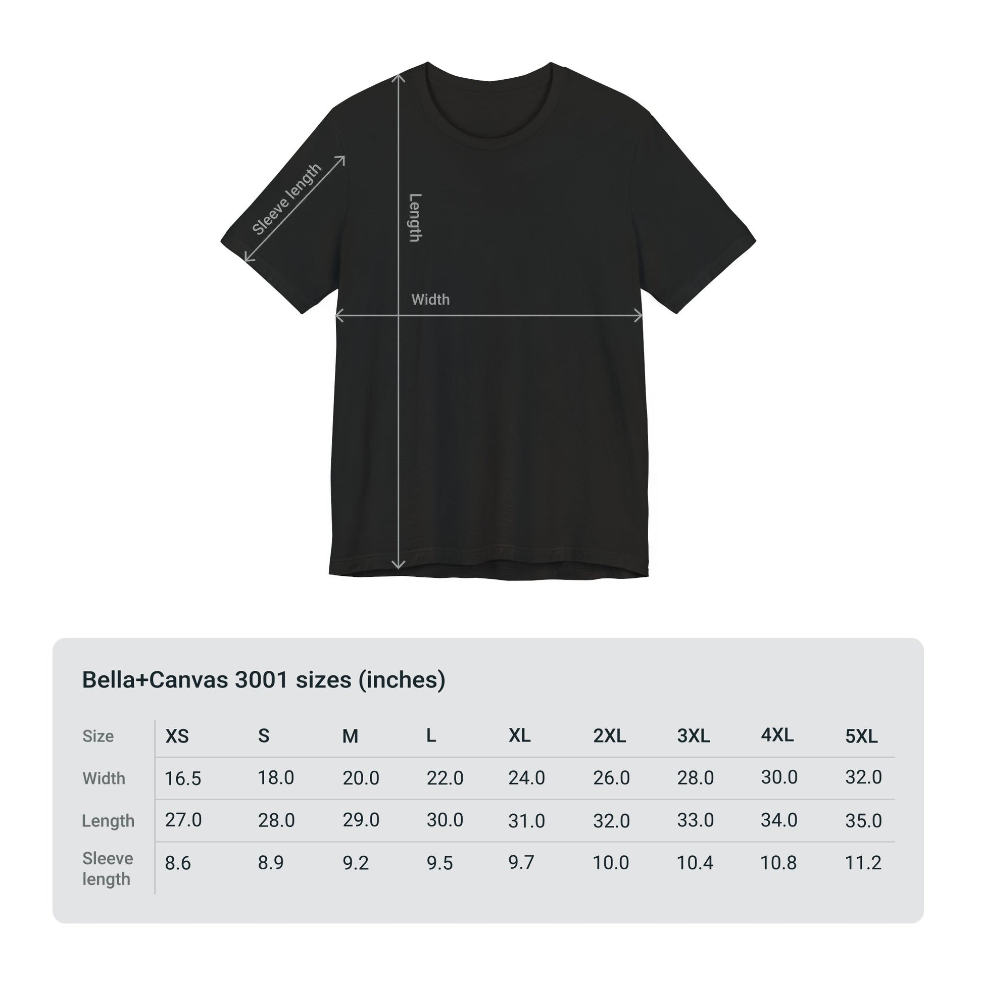 bella + canvas unisex tshirt size chart