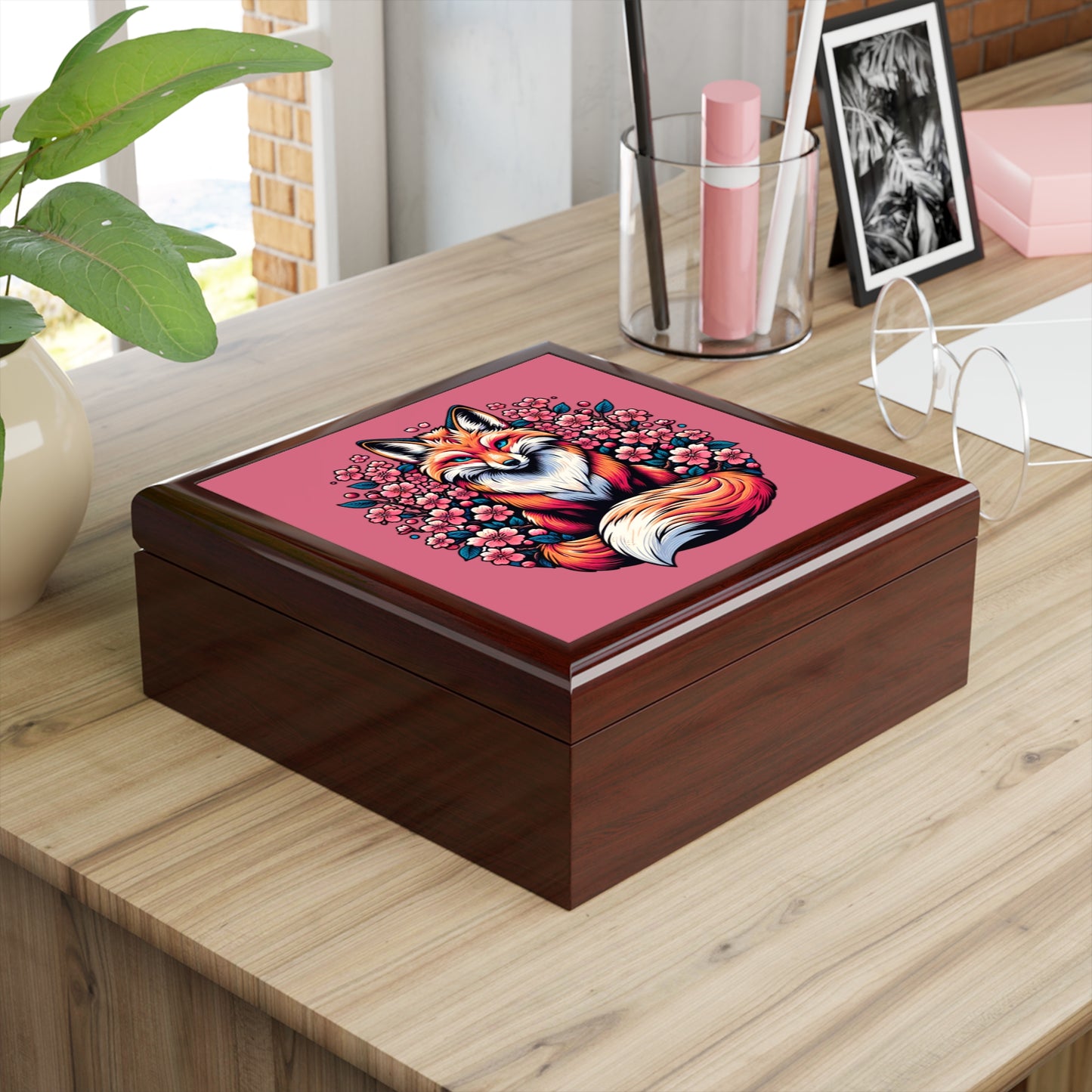 Red Fox surrounded by Cherry Blossoms Jewelry Keepsake Box