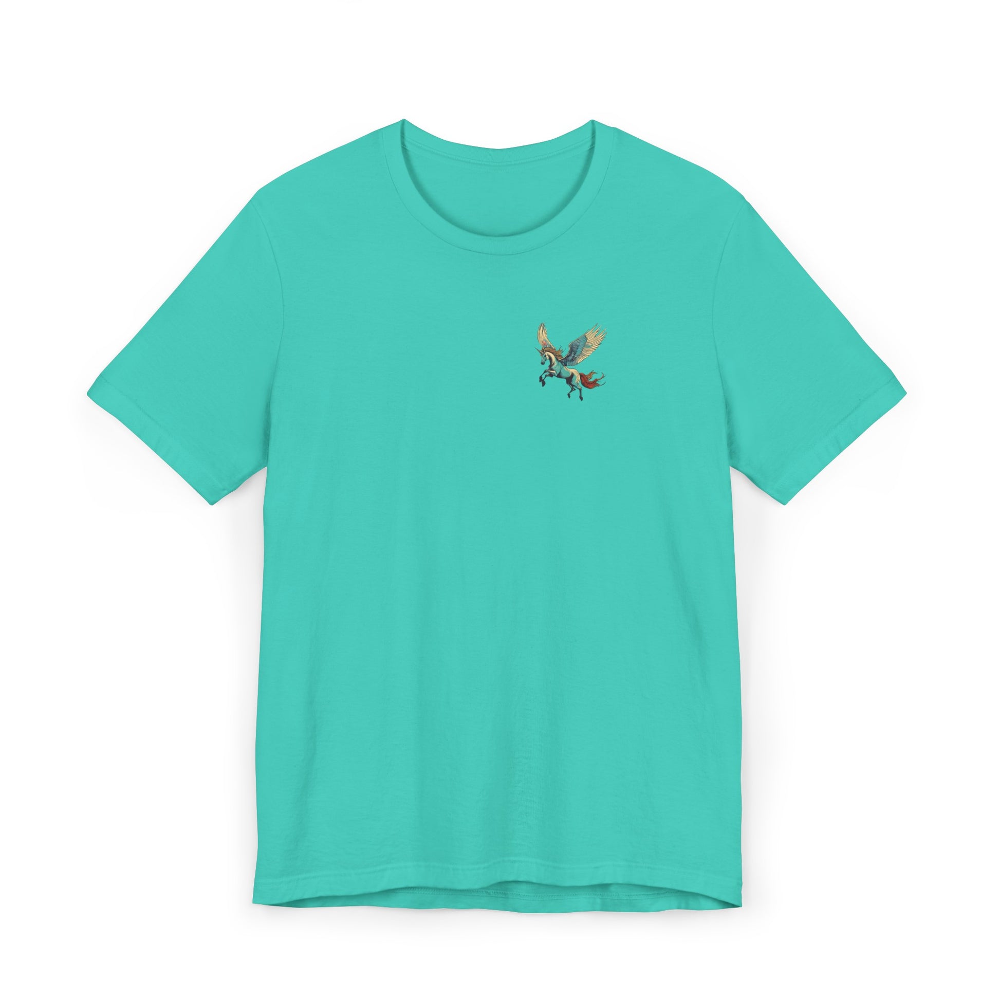 mythical pegasus t-shirt teal color front  corner design 