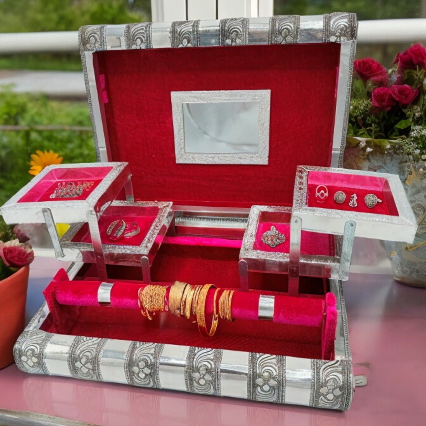 luxury vintage handmade jewelry box with layered trays , pink velvelt lining. 