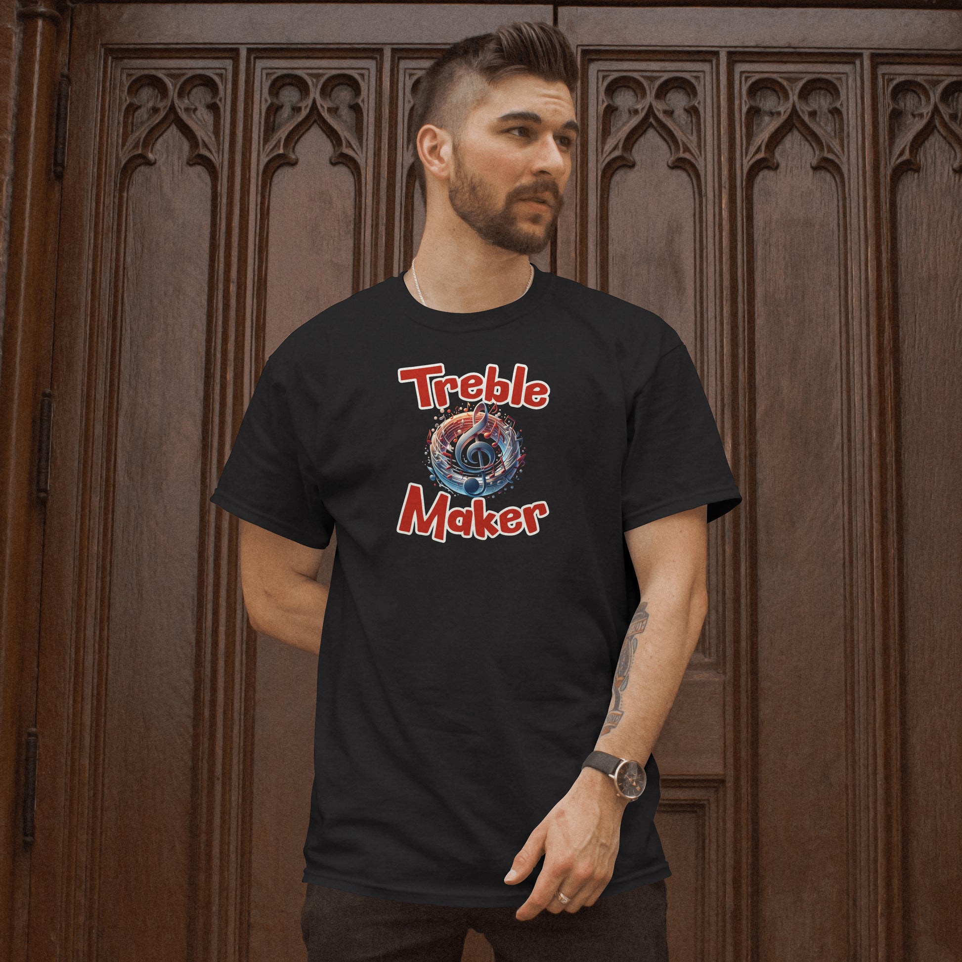 Treble Maker T-shirt worn by model with black color shirt design 