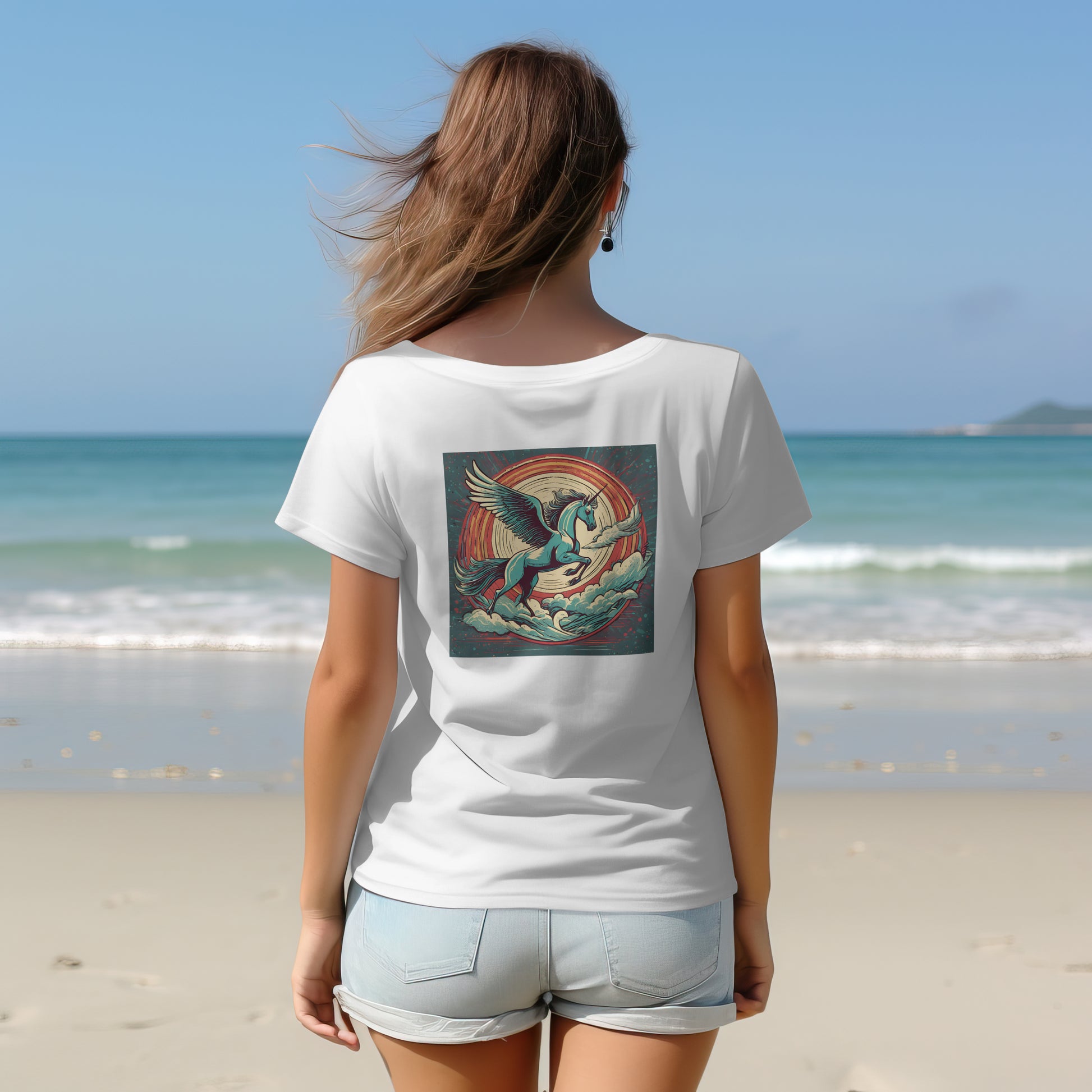 model wearing white pegasus t-shirt to show the back design 