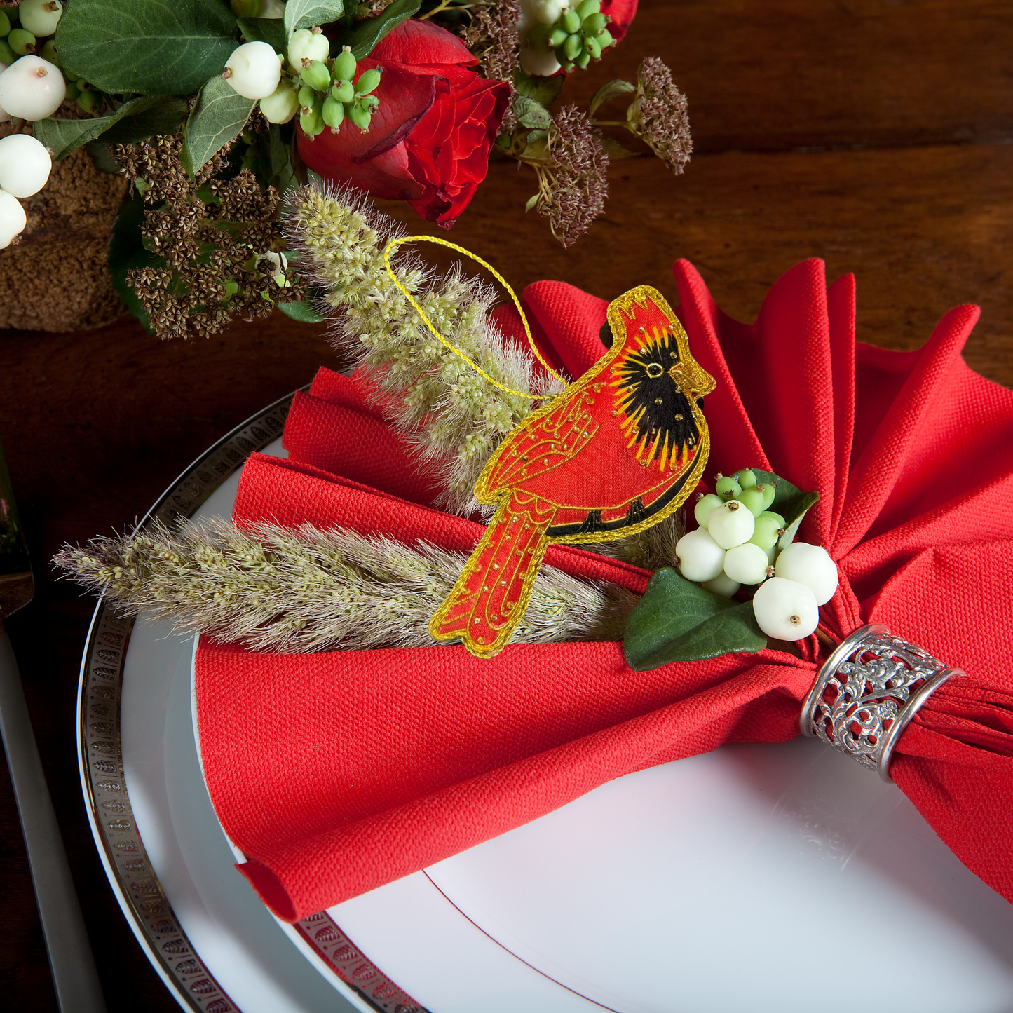 Red Cardinal with Zari Embroidery ornament as a napkin holder