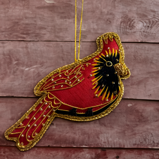 Red cardinal ornament with Zari embroidery as a wall hanging 