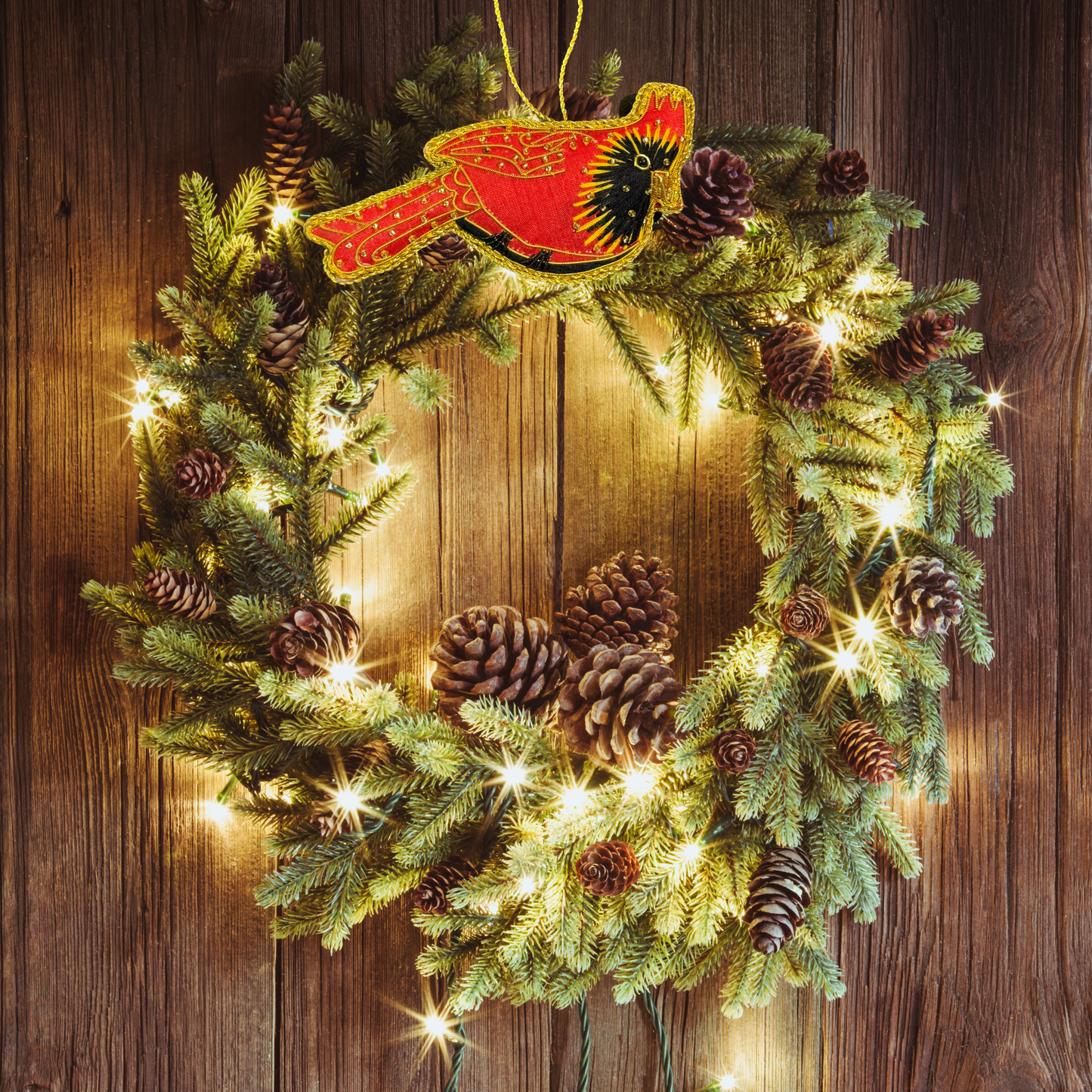 Red Cardinal Embroidered ornament as a wreath decoration