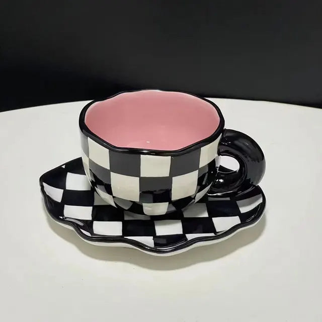 Hand Painted Ceramic Mugs - Checkerboard and Clouds on Blue Sky - Tortuna