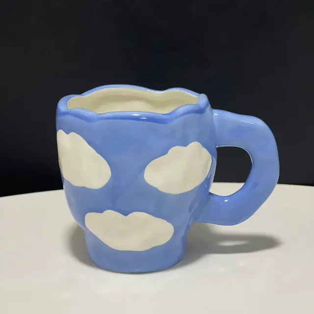 Hand Painted Ceramic Mugs - Checkerboard and Clouds on Blue Sky - Tortuna