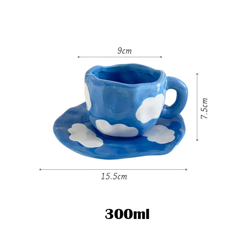 Hand Painted Ceramic Mugs - Checkerboard and Clouds on Blue Sky - Tortuna