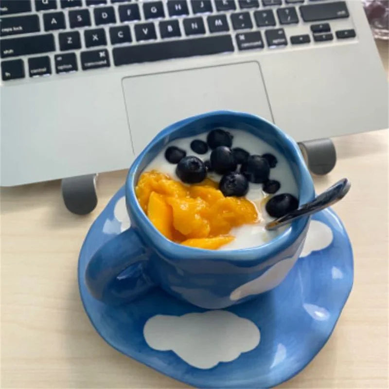 Hand Painted Ceramic Mugs - Checkerboard and Clouds on Blue Sky - Tortuna