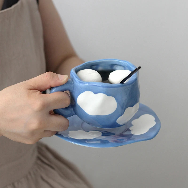 Hand Painted Ceramic Mugs - Checkerboard and Clouds on Blue Sky - Tortuna