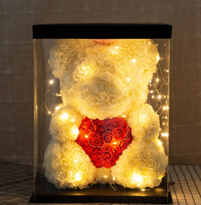 Rose Bear in a box with LED lights - Tortuna